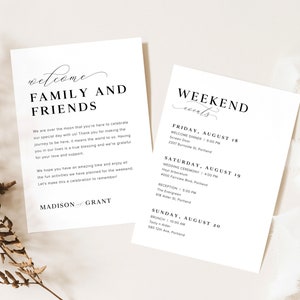 Tijdlijnsjabloon voor bruiloftsweekendevenementen, minimalistische bruiloftsvolgorde van evenementen, bruiloft welkomsttas Opmerking bewerkbaar, moderne welkomstbrief, M3
