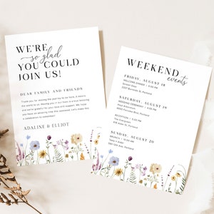 Modèle de note de bienvenue de mariage, modèle d’itinéraire de week-end de mariage, ordre des événements de mariage de fleurs sauvages, note de sac de bienvenue de mariage, S4