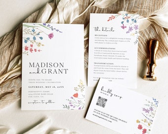 Boho Wedding Invitation Suite with QR Code, Wildflower Wedding Invitation Template, Printable Wedding Invitation, Floral Wedding Invite, S2