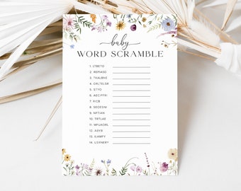 Word Scramble Baby Shower Game Template, Baby Word Scramble Game, Boho Baby Shower Wildflower Baby Shower Games, Baby Word Puzzle Game, 5B