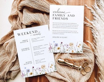 May include: A wedding weekend invitation featuring a floral design. The invitation includes the text "Welcome Family and Friends" and lists the events for the weekend, including a welcome dinner, wedding ceremony, reception, and brunch. The invitation is decorated with a floral border.