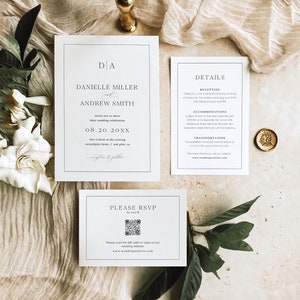 Modèle de jeu de faire-part de mariage minimaliste, faire-part de mariage monogramme, QR Code RSVP, faire-part de mariage modifiable, faire-part de mariage élégant, M4