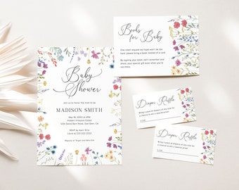 Wildflower Baby Shower Invitation Template, Boho Baby Shower Invite Floral Baby Shower Invitation, Books for Baby, Diaper Raffle Card, 6B