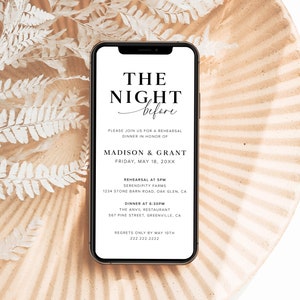 Modello di invito per la cena di prova digitale, invito a cena con testo elettronico minimalista, invito alla prova di matrimonio moderno, la sera prima, M1