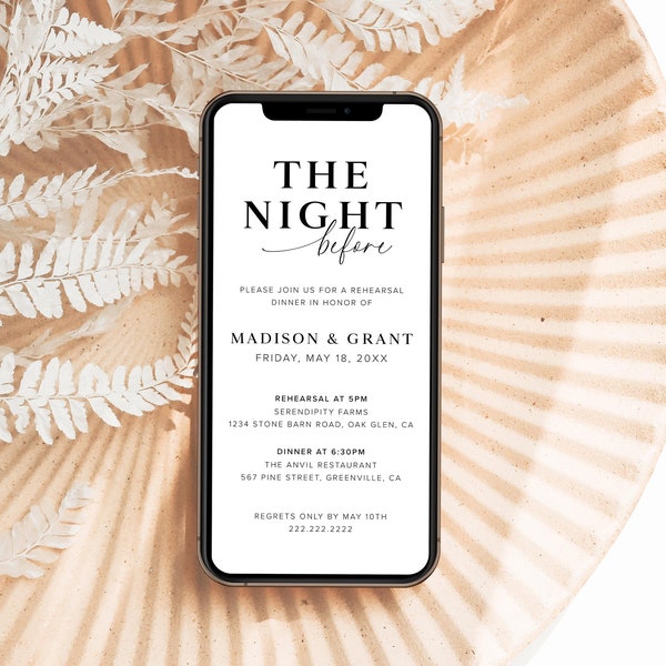 Digital Rehearsal Dinner Invitation Template, Minimalist Electronic Text Dinner Invite, Modern Wedding Rehearsal Evite, The Night Before, M1