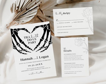 Halloween Wedding Invitation Set Templates, Gothic Wedding Invitation, Dark Wedding Invitation, Printable Til Death Wedding Invite, H4