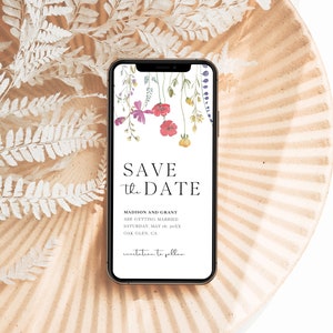 Modello salva la data elettronico floreale, invito con testo di fiori selvatici, invito mobile minimalista, salva la data digitale floreale Boho, S2