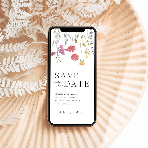 Floral Electronic Save The Date Template, Wildflower Text Invitation, Minimalist Mobile Invite, Boho Floral Digital Save The Date, S2