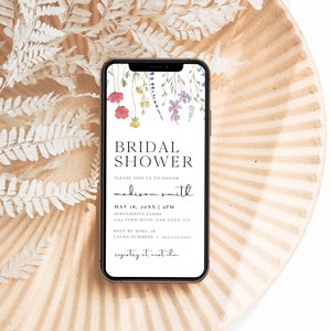 Boho Wildflower Bridal Shower Evite Invitation Template, Spring Garden Bridal Brunch Digital Invitation, Floral Mobile iPhone Invite, S2 image 1