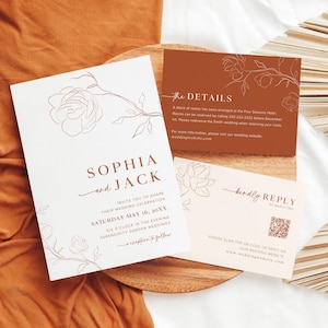 Minimalist Wedding Invitation, Terracotta Wedding Invitation Template, Boho Wedding Invitation With QR Code RSVP, Floral Invitation Set, O3