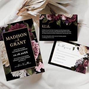 Jewel Tone Wedding Invitation, Moody Wedding Invitation, Dark Wedding Invite, Gothic Wedding Invitation, Black Floral Wedding Invite, D2