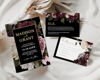 May include: Wedding invitation suite with black and gold accents and floral designs. The invitation card features a dark background with a gold border and the text "MADISON & GRANT" in gold lettering. The RSVP card features a black background with a gold border and the text "Kindly RSVP" in cursive.