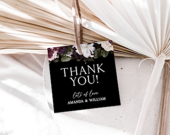 Dark Floral Wedding Favor Tag Template, Botanical Thank You Tag, Editable, Minimalist, Moody Wedding, Minimal Gift Tag, Printable, D1