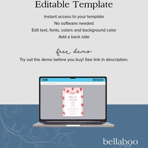 Może przedstawiać: Laptop wyświetla szablon zaproszenia z motywem truskawek. Tekst na ekranie brzmi "BELLA spring". Obraz zawiera r&oacute;wnież tekst "Editable Template" i "bellaboo printables".