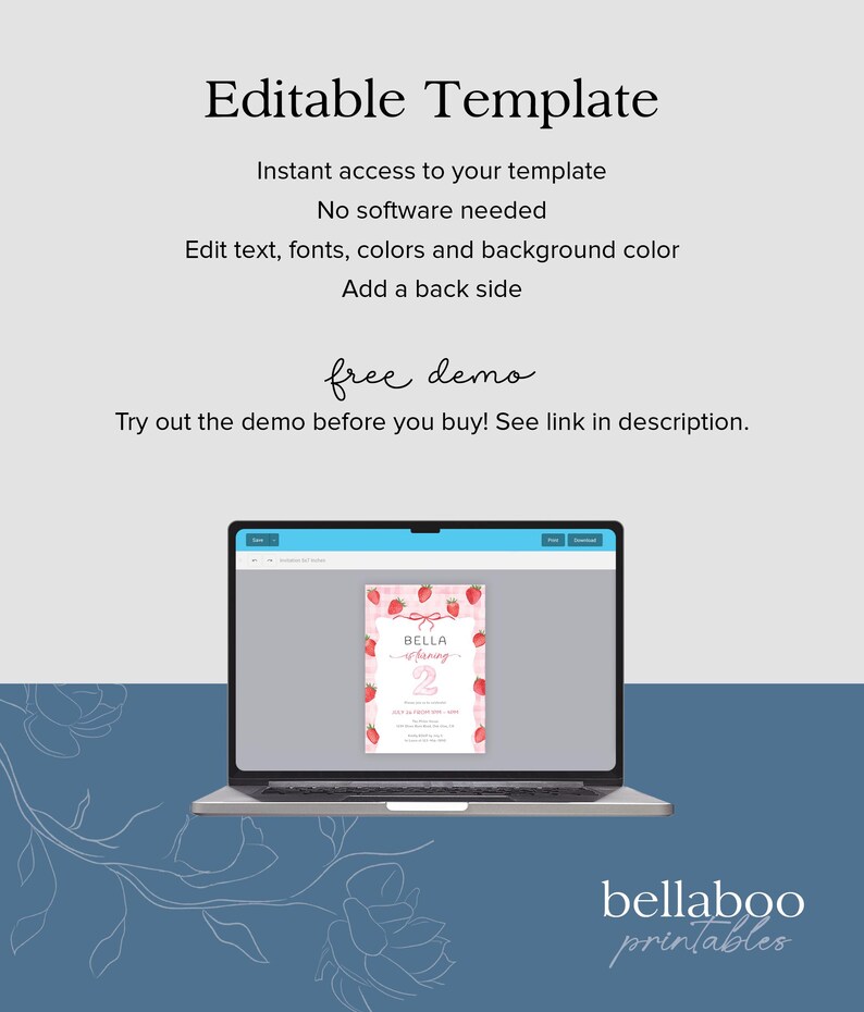 Może przedstawiać: Laptop wyświetla szablon zaproszenia z motywem truskawek. Tekst na ekranie brzmi "BELLA spring". Obraz zawiera r&oacute;wnież tekst "Editable Template" i "bellaboo printables".
