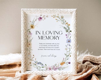 En la plantilla de signo de memoria amorosa, decoración de boda de flores silvestres, signo de boda de flores silvestres, signo conmemorativo de la boda, signo de boda floral en la memoria, S4