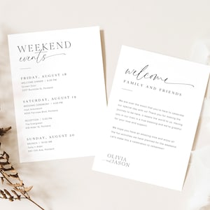 K&ouml;nnte beinhalten: Zwei wei&szlig;e Karten mit schwarzem Text. Die erste Karte listet die Wochenendveranstaltungen f&uuml;r eine Hochzeit auf, darunter ein Willkommensessen, eine Hochzeitszeremonie und ein Brunch. Die zweite Karte ist eine Willkommensnachricht f&uuml;r Familie und Freunde, mit den Namen Olivia und Jason am unteren Rand.