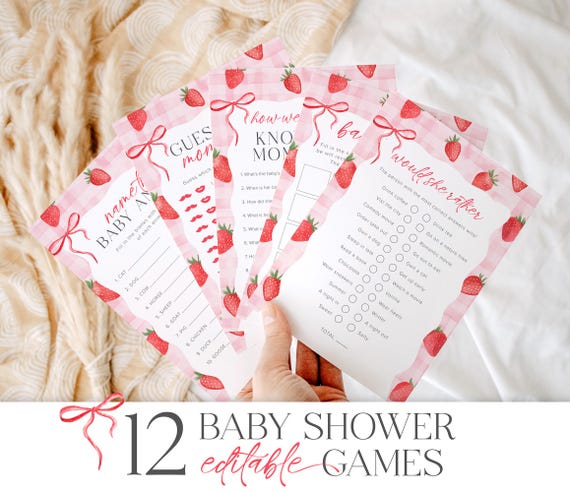 Sweet Berry Baby Shower Games Bundle Template, Strawberry Baby Shower Games Wavy Pink Baby Shower Games, Berry Sweet Baby Shower Games, 12B