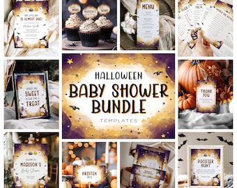 May include: A Halloween baby shower printable bundle with a watercolor background featuring bats, stars, and pumpkins. The bundle includes a welcome sign, a menu, a thank you tag, a pacifier hunt sign, a sign that says "Babies are sweet, please take a treat", and a game card that says "How well do you know the mama to be?"
