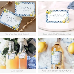 May include: Set of printable party labels featuring a blue and white tile pattern with lemons and flowers. Includes thank you cards, food labels, juice tags, and wine labels in various sizes.  The text on the labels reads "Thank you", "food label card", "Pineapple", "Mango", and "ready to POP".