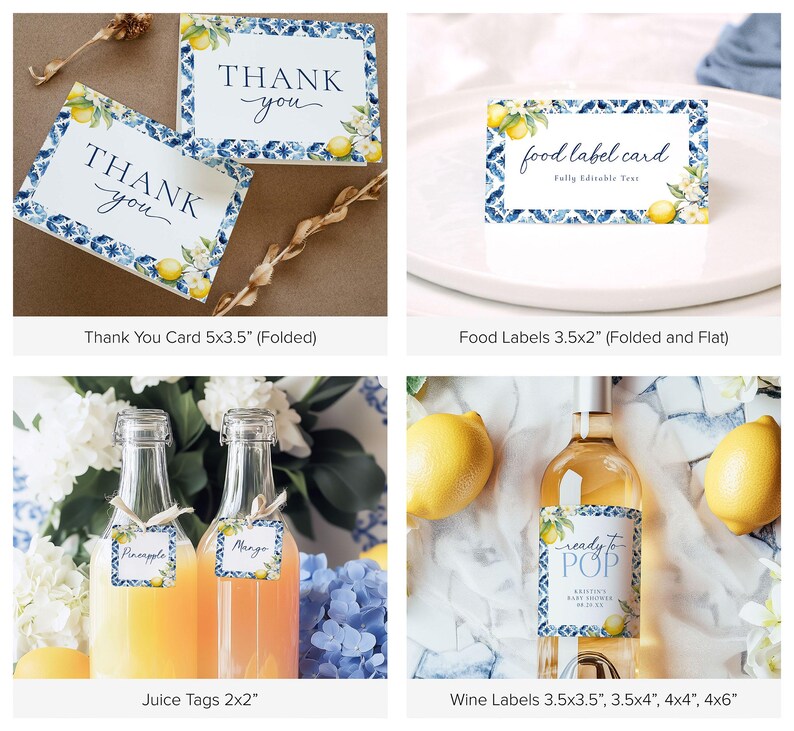 May include: Set of printable party labels featuring a blue and white tile pattern with lemons and flowers. Includes thank you cards, food labels, juice tags, and wine labels in various sizes.  The text on the labels reads "Thank you", "food label card", "Pineapple", "Mango", and "ready to POP".