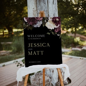 Botanical Welcome Sign Template, Dark Flower Wedding, Floral Welcome Sign, Moody Wedding Sign, Editable, Printable, D1