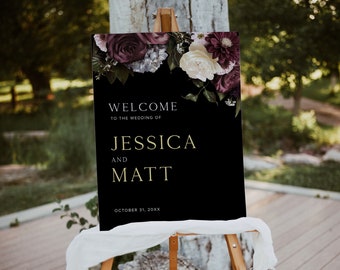 Botanical Welcome Sign Template, Dark Flower Wedding, Floral Welcome Sign, Moody Wedding Sign, Editable, Printable, D1