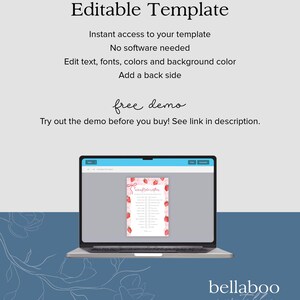 May include: Editable template for a "Strawberry-licious" game. The template is shown on a laptop screen with a pink background and strawberry graphics. The text "free demo" is written in cursive on the screen.