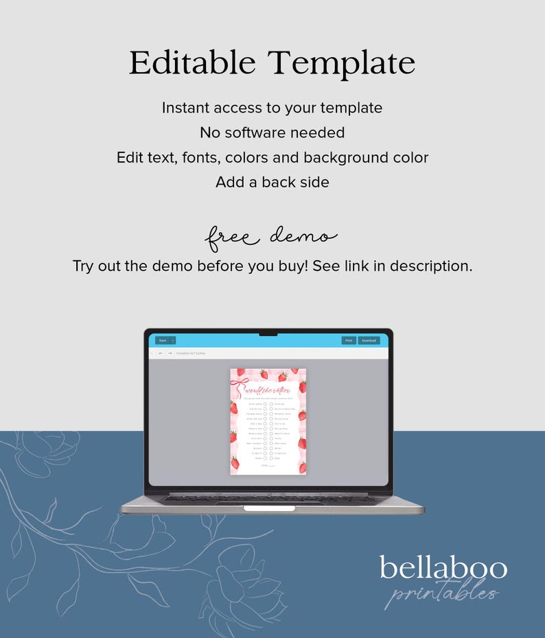 May include: Editable template for a "Strawberry-licious" game. The template is shown on a laptop screen with a pink background and strawberry graphics. The text "free demo" is written in cursive on the screen.
