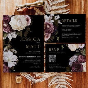 Moody Botanical Wedding Invitation Set Templates, Dark Flower Wedding, Floral Invite, QR Code, Moody Wedding Invitation, Dark Wedding, D1