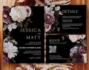 Stimmungsvolle botanische Hochzeitseinladungs-Set-Vorlagen, Hochzeit mit dunklen Blumen, florale Einladung, QR-Code, Stimmungsvolle Hochzeitseinladung, dunkle Hochzeit, D1