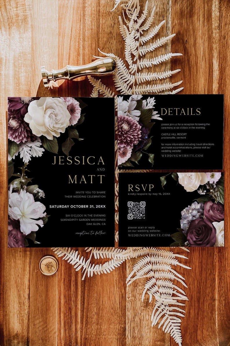 May include: Wedding invitation suite with black background and floral accents. The invitation features the names Jessica and Matt, the date Saturday October 31, 20XX, and the time six o'clock in the evening. The RSVP card includes a QR code and the text "kindly respond by May 16, 20XX". The details card includes the text "WEDDINGWEBSITE.COM".