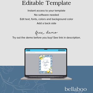 May include: A laptop screen displaying a digital template for a custom sign with a blue and white tiled background and lemons. The text "Custom Sign" is visible on the template. The laptop is on a blue background with a white floral design.