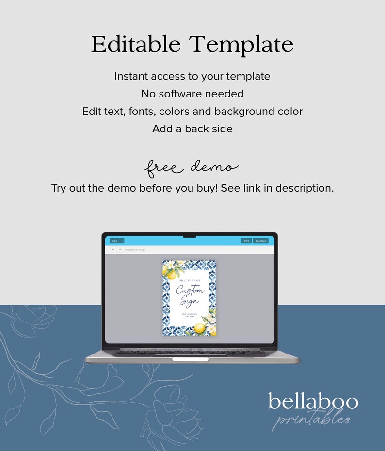 May include: A laptop screen displaying a digital template for a custom sign with a blue and white tiled background and lemons. The text "Custom Sign" is visible on the template. The laptop is on a blue background with a white floral design.