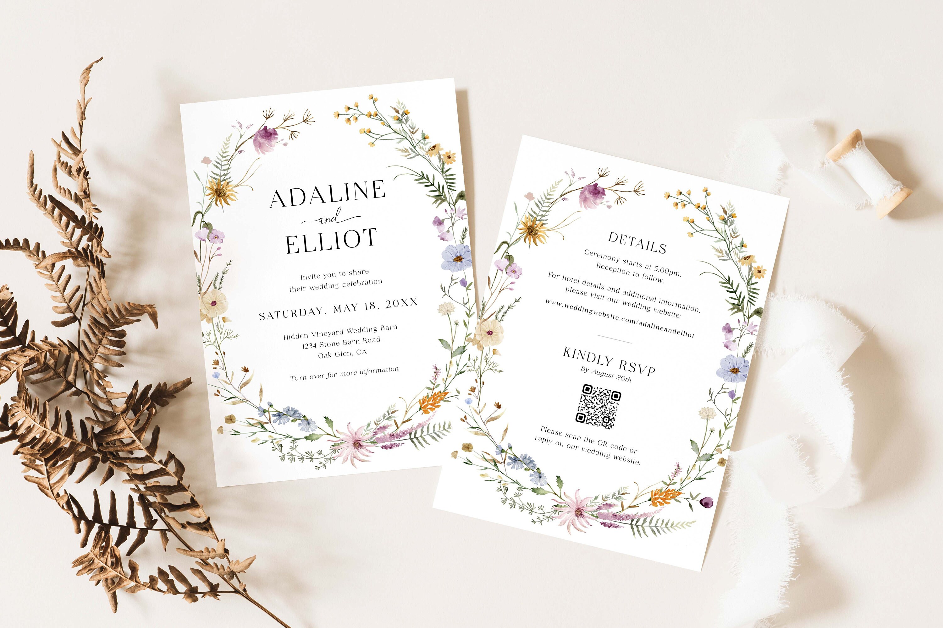 ワイルドフラワーの結婚式招待状テンプレート、春の結婚式招待状、QR