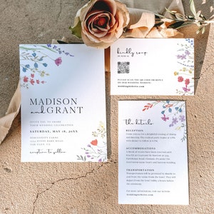 Boho Wedding Invitation Suite with QR Code, Wildflower Wedding Invitation Template, Printable Wedding Invitation, Floral Wedding Invite, S2 image 4