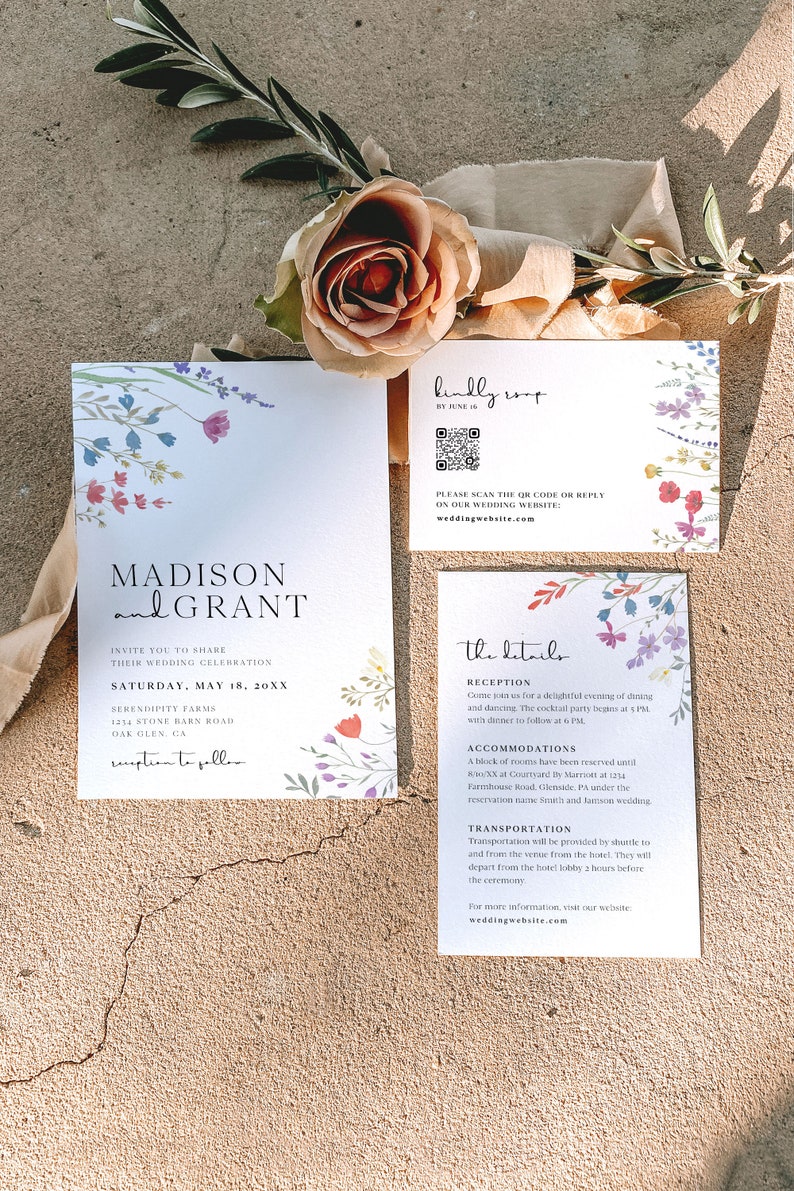 Boho Wedding Invitation Suite with QR Code, Wildflower Wedding Invitation Template, Printable Wedding Invitation, Floral Wedding Invite, S2 image 4