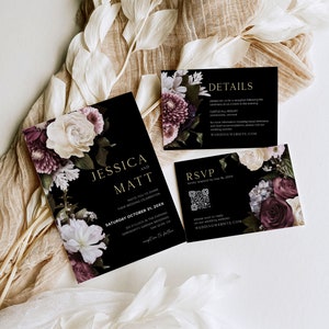 May include: Black wedding invitation suite with floral designs. The invitation features the names Jessica and Matt, the date Saturday October 31, 20XX, and the time 6 o'clock in the evening. The RSVP card includes a QR code and the website WEDDING WEBSITE.COM.