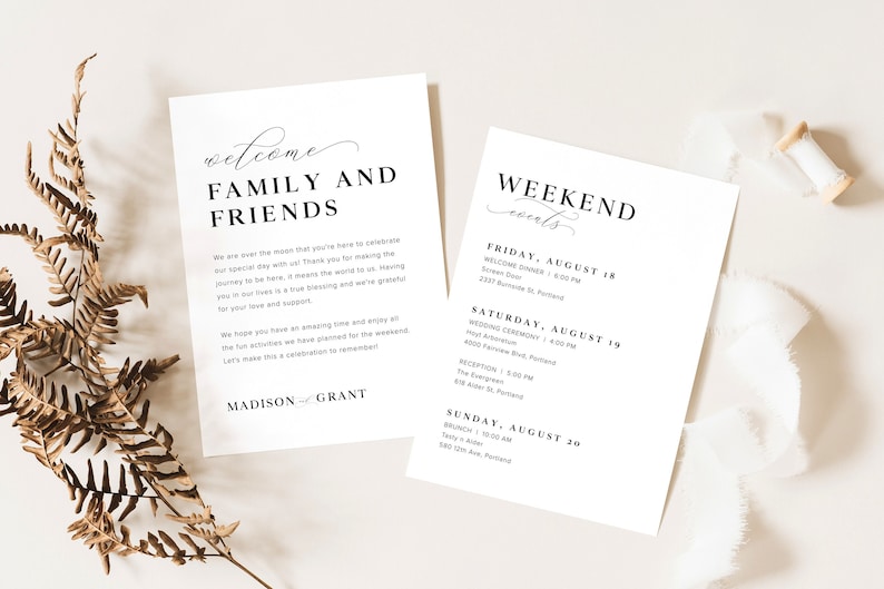 Wedding Weekend Events Timeline Template, Minimalist Wedding Order of Events, Wedding Welcome Bag Note Editable, Modern Welcome Letter, M3 image 1