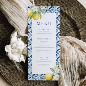 Mediterrane Hochzeitsmenukarte, Italien Hochzeitsmenukarte Blaue Kacheln Zitrone Hochzeitsmenükarte, Amalfiküste Hochzeitsmenü Citrus Hochzeitsmenü, B6