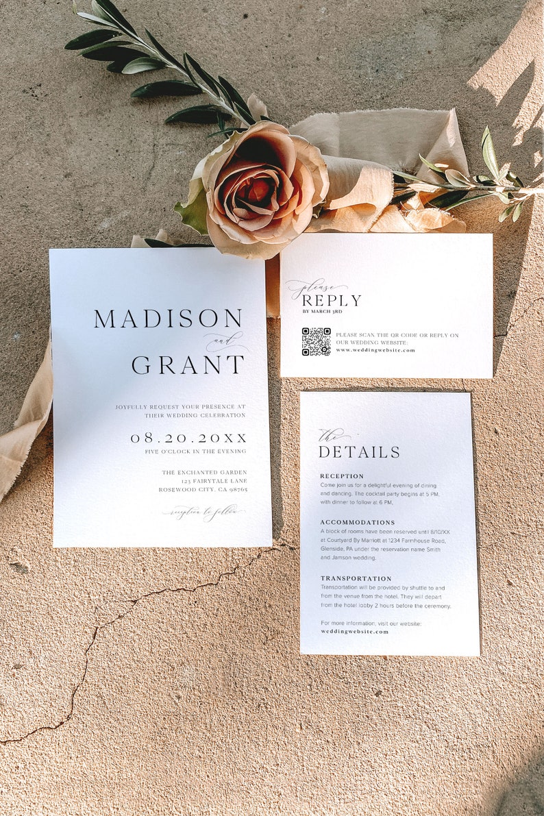 Minimalist Wedding Invitation Template Set, Modern Wedding Invite, QR Code RSVP, Elegant Wedding Invitation, Editable Wedding Invitation, M3 image 4