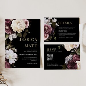 May include: Wedding invitation suite with black background and floral design. The invitation features the names Jessica and Matt, the date Saturday October 31, 20XX, and the time 6 o'clock in the evening. The RSVP card includes a QR code and the website WEDDINGWEBSITE.COM. The details card includes the text DETAILS, CASTLE HILL RESORT, and WEDDINGWEBSITE.COM.