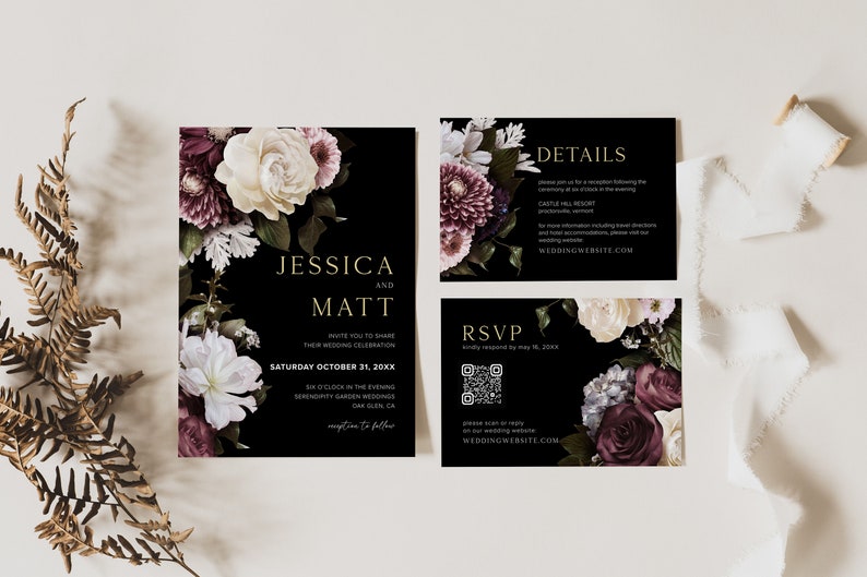 May include: Wedding invitation suite with black background and floral design. The invitation features the names Jessica and Matt, the date Saturday October 31, 20XX, and the time 6 o'clock in the evening. The RSVP card includes a QR code and the website WEDDINGWEBSITE.COM. The details card includes the text DETAILS, CASTLE HILL RESORT, and WEDDINGWEBSITE.COM.