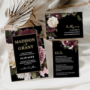 Puede incluir: Conjunto de invitaciones de boda negras con detalles dorados y dise&ntilde;os florales. La invitaci&oacute;n presenta los nombres "Madison y Grant" y la fecha "10.18.20XX". La tarjeta RSVP incluye el texto "kindly RSVP by September 18th via our wedding website www.weddingwebsite.com". La tarjeta de detalles incluye el texto "Detalles" e informaci&oacute;n sobre alojamiento y transporte.