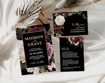 May include: Black wedding invitation suite with gold accents and floral designs. The invitation features the names "Madison and Grant" and the date "10.18.20XX". The RSVP card includes the text "kindly RSVP by September 18th via our wedding website www.weddingwebsite.com". The details card includes the text "Details" and information about accommodations and transportation.
