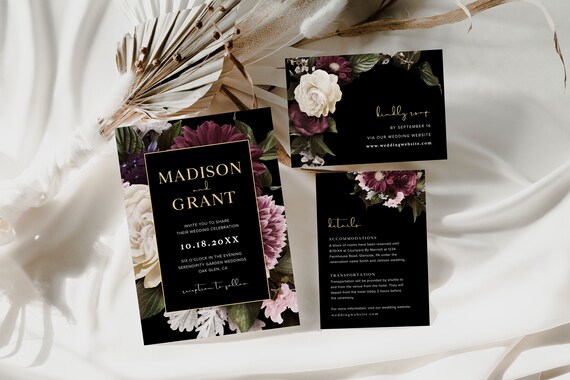 Dark And Moody Wedding Invitation Suite Templates, Gold Wedding Invite, Gothic Wedding, Black Floral Wedding Invitation, Fall Wedding, D2