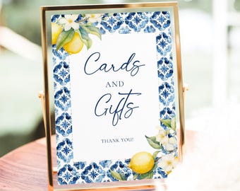 Lemon Cards and Gifts Sign Template, Amalfi Baby Shower Gifts Sign, Mediterranean Lemon Baby Shower Sign, Italian Baby Shower Gift Sign, B6