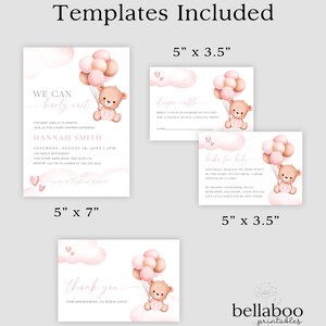 Puede incluir: Plantillas imprimibles para un baby shower con un oso de peluche rosa y marr&oacute;n que sostiene globos. Las plantillas incluyen una invitaci&oacute;n de 12,7x17,8 cm, una tarjeta de rifa de pa&ntilde;ales de 12,7x8,9 cm, una tarjeta de libros para beb&eacute;s de 12,7x8,9 cm y una tarjeta de agradecimiento de 15,2x10,2 cm.