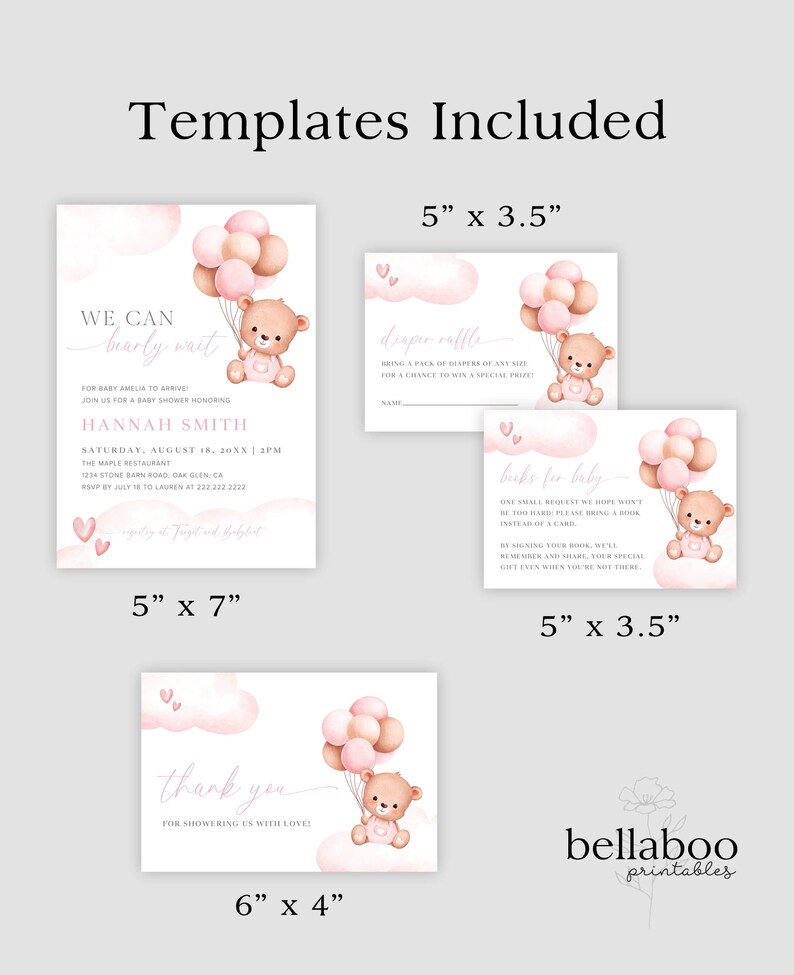 Puede incluir: Plantillas imprimibles para un baby shower con un oso de peluche rosa y marr&oacute;n que sostiene globos. Las plantillas incluyen una invitaci&oacute;n de 12,7x17,8 cm, una tarjeta de rifa de pa&ntilde;ales de 12,7x8,9 cm, una tarjeta de libros para beb&eacute;s de 12,7x8,9 cm y una tarjeta de agradecimiento de 15,2x10,2 cm.