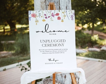 Wildflower Unplugged Ceremony Wedding Sign Template, Boho Wedding Welcome Poster, Floral Unplugged Welcome Sign, Spring Wedding Sign, S2